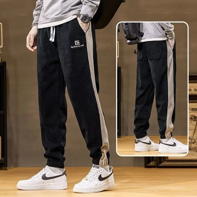 男士秋冬款灯芯绒加绒加厚保暖长裤男简约宽松大码运动休闲束脚卫