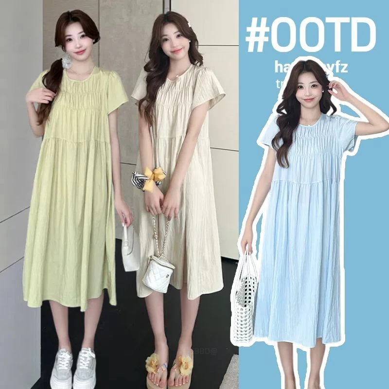 孕妇夏装连衣裙2025新款韩版气质简约宽松大码时尚休闲中长款裙子
