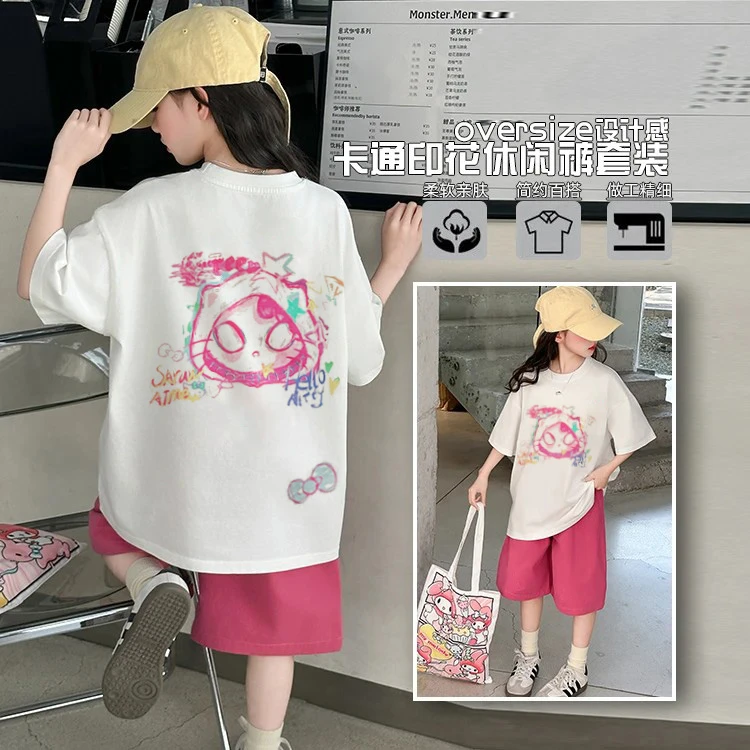 女童夏季套装儿童装2025新款洋气运动女孩字母印花短袖短裤两件套