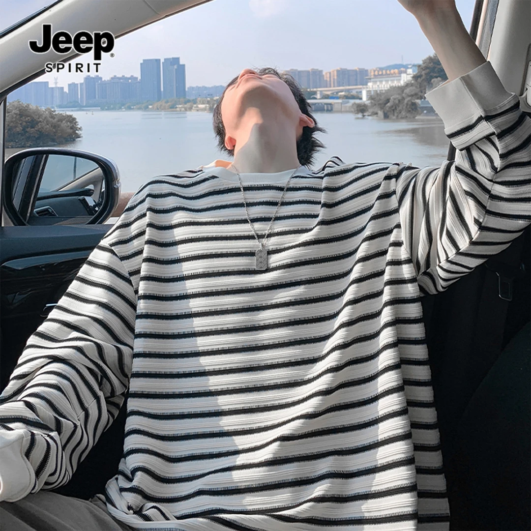 JEEPSPIRIT日系复古条纹长袖卫衣男款春秋潮牌宽松内搭圆领打底衫