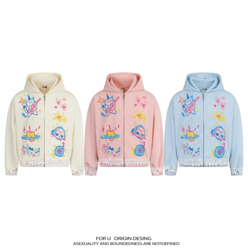 FOR U 原创国潮美式复古趣味卡通印花蕾丝拼接连帽卫衣开衫外套潮