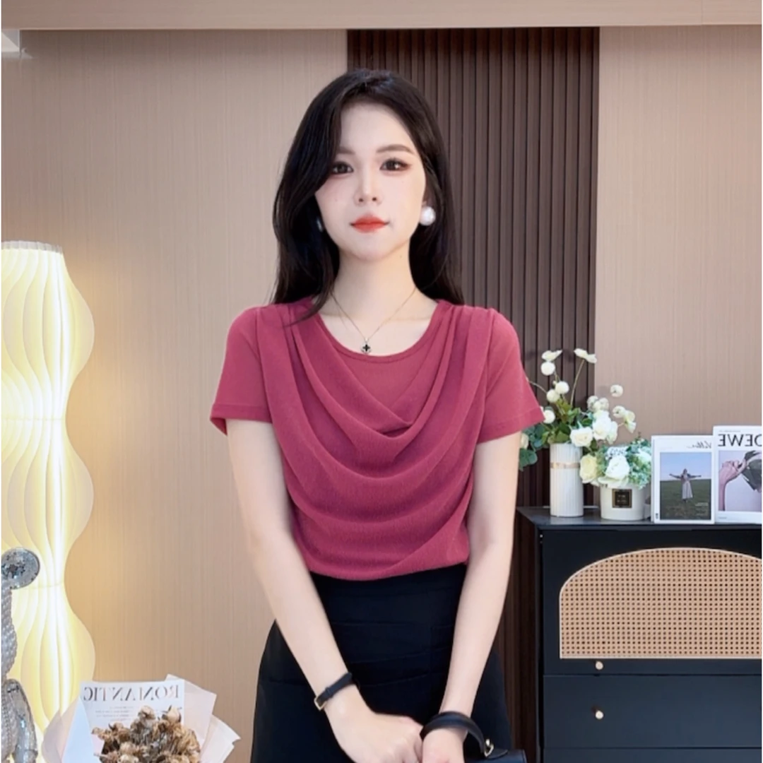 亮丝短袖荡领女款短袖T恤五分袖显瘦t恤打底衫