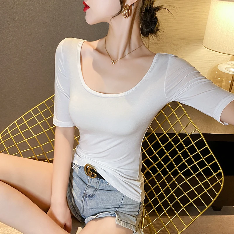 新款莫代尔双U领T恤女夏五分袖冰感上衣舒适修身弹力打底衫TR4103