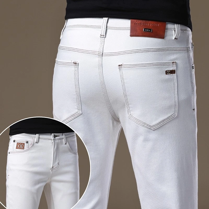 One What意大利高端白玉色牛仔裤男士秋季新款修身小脚弹力长裤