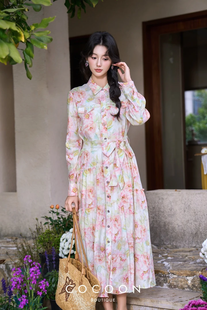 COCOON古典油画华丽复古清新甜美气质大摆连衣裙25102BC025349130