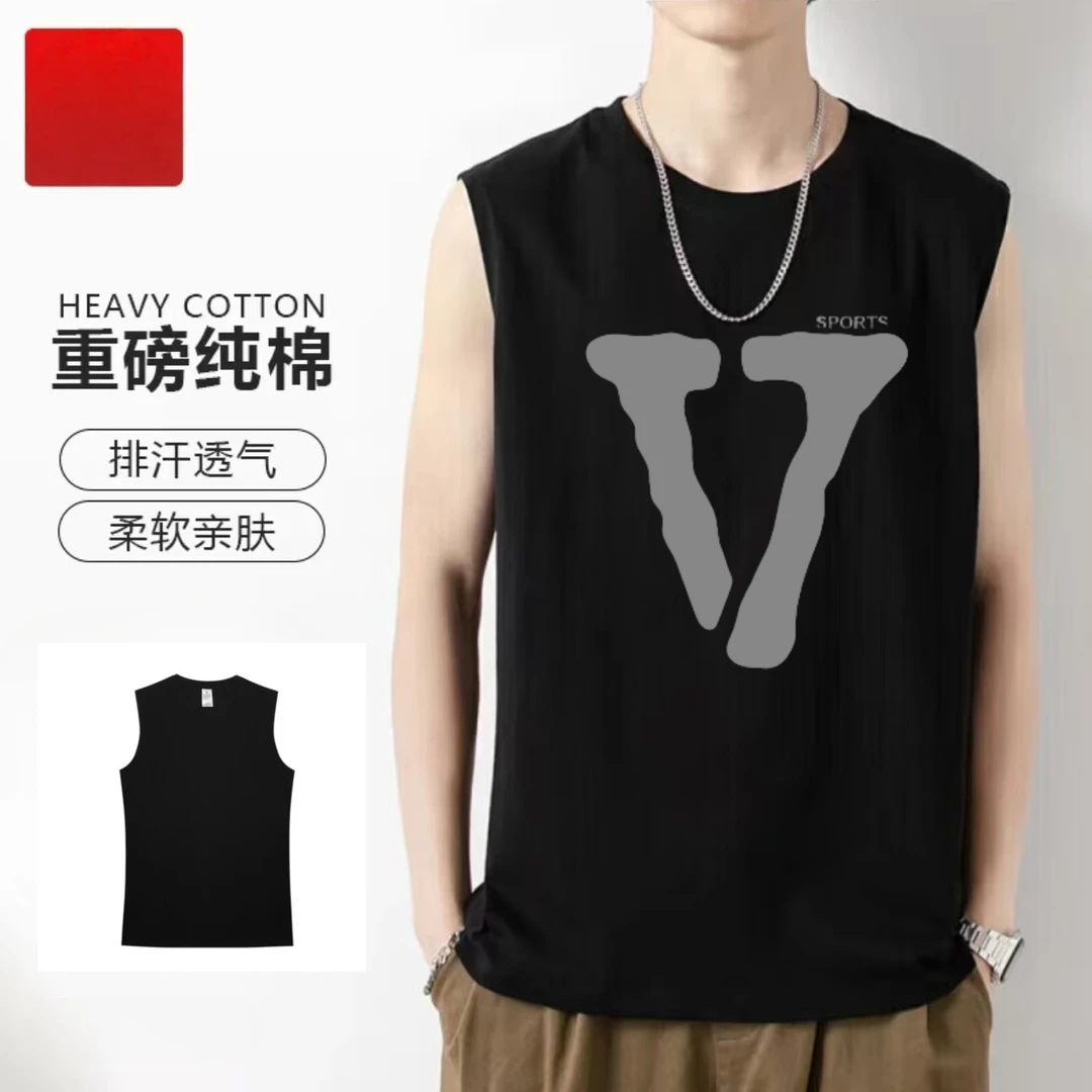 【潮牌】V字母精梳纯棉背心男士2025夏季新品无袖T恤宽松时尚潮品