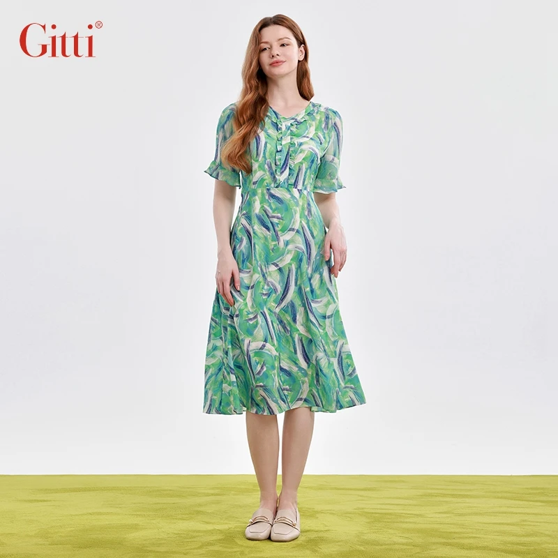 Gitti/吉蒂荷叶花边收腰显瘦V领连衣裙女印花裙子G251046