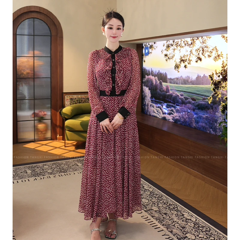 唐熹2025春秋新款【7051】高级感气质小众红色圆领荡领设计连衣裙女