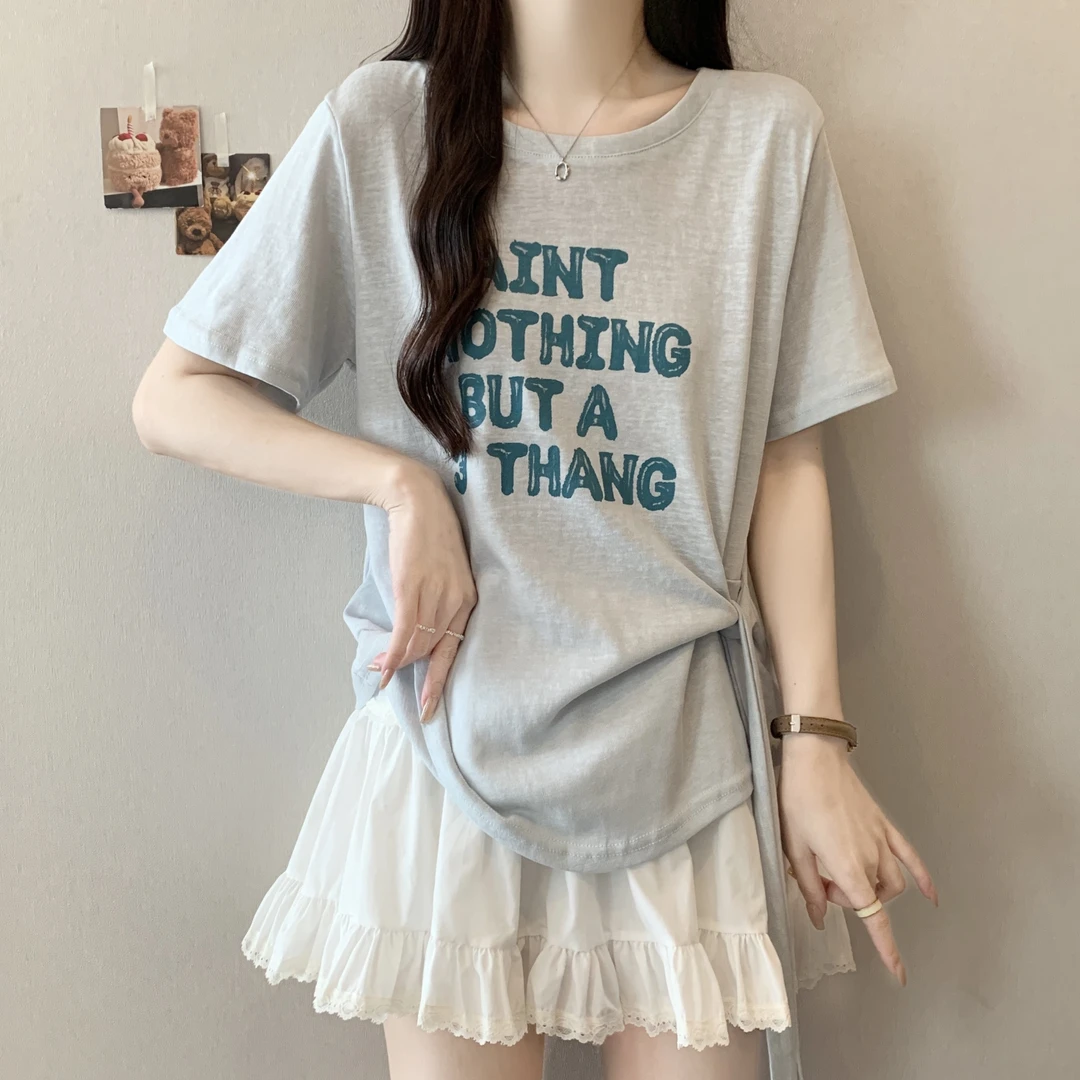 大码美式印花短袖T恤女夏季新款胖MM宽松显瘦体恤设计感减龄上衣