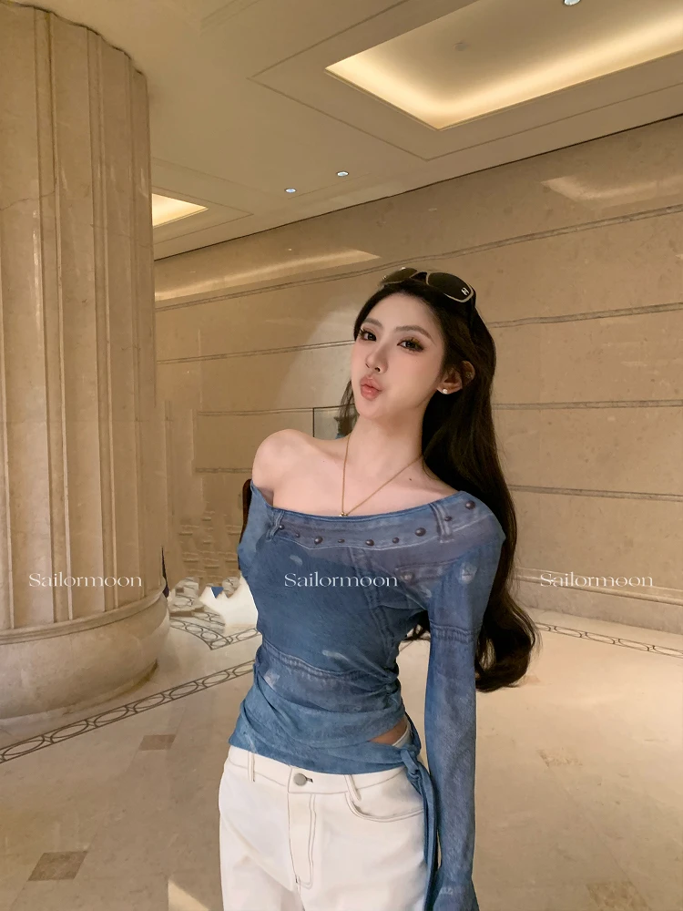 设计感辣妹印花斜肩网纱长袖上衣女夏季2025新款高腰显瘦休闲裤子