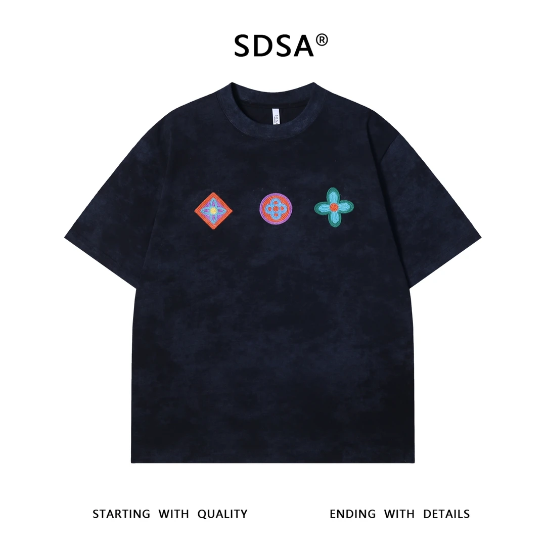 夏季高级感新款美式扎染针织刺绣花朵圆领短袖T恤时尚百搭上衣