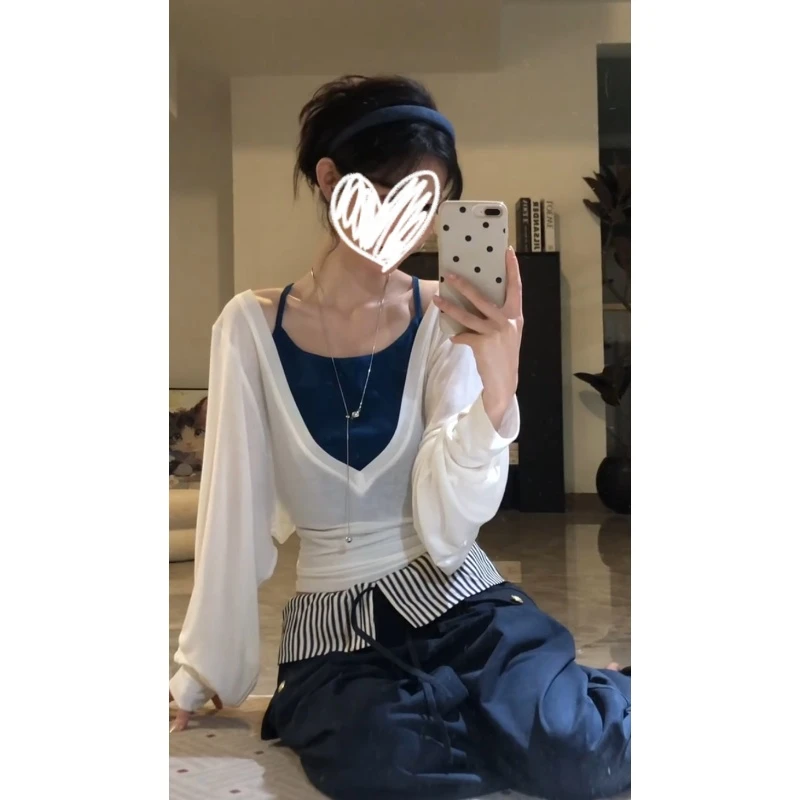 梦优莱韩系气质独特漂亮薄款长袖T恤女夏季防晒罩衫上衣挂脖吊带