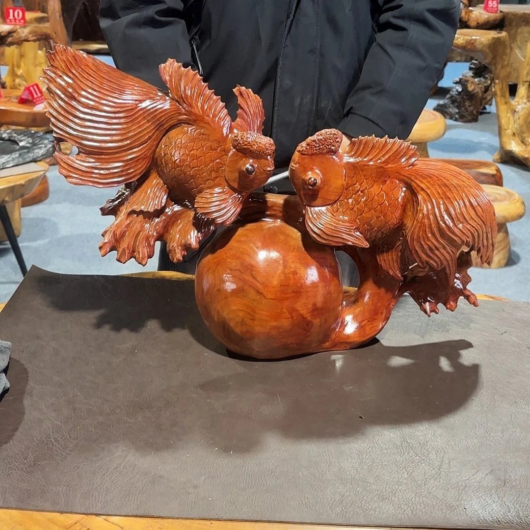 香樟木双鱼摆件56-20-36