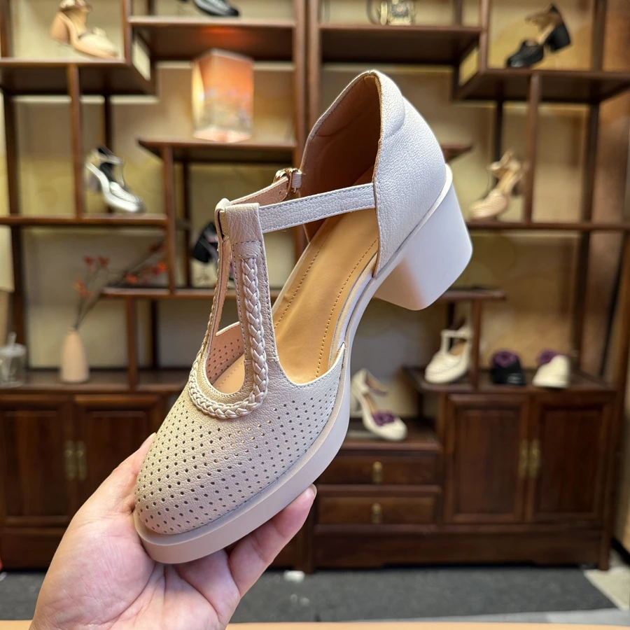 羊皮5厘米34-40时尚百搭法式复古玛丽珍镂空粗跟一字带凉鞋圆尖头