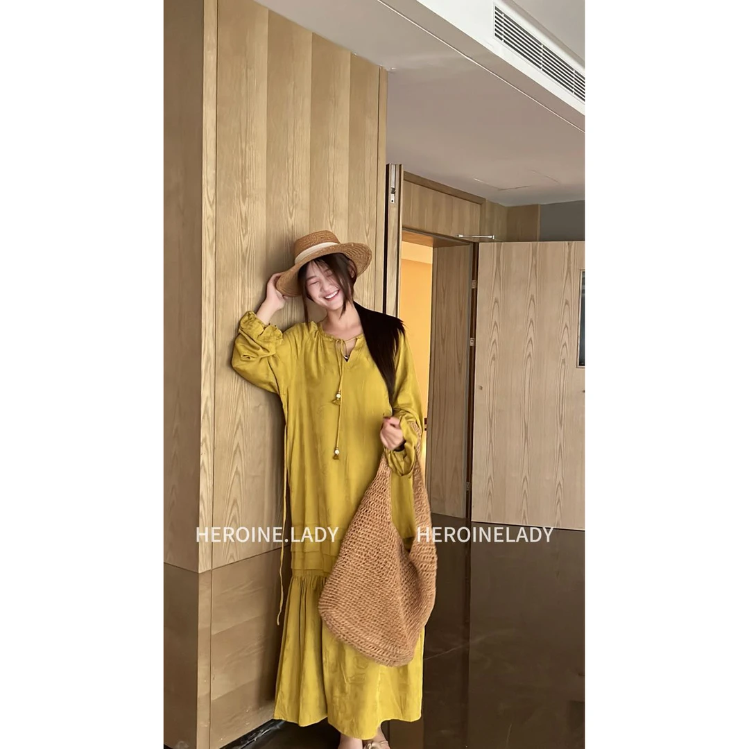 【桑稚】HL绵绸圆领长袖纯色长款早秋国风民族宽松休闲气质连衣裙