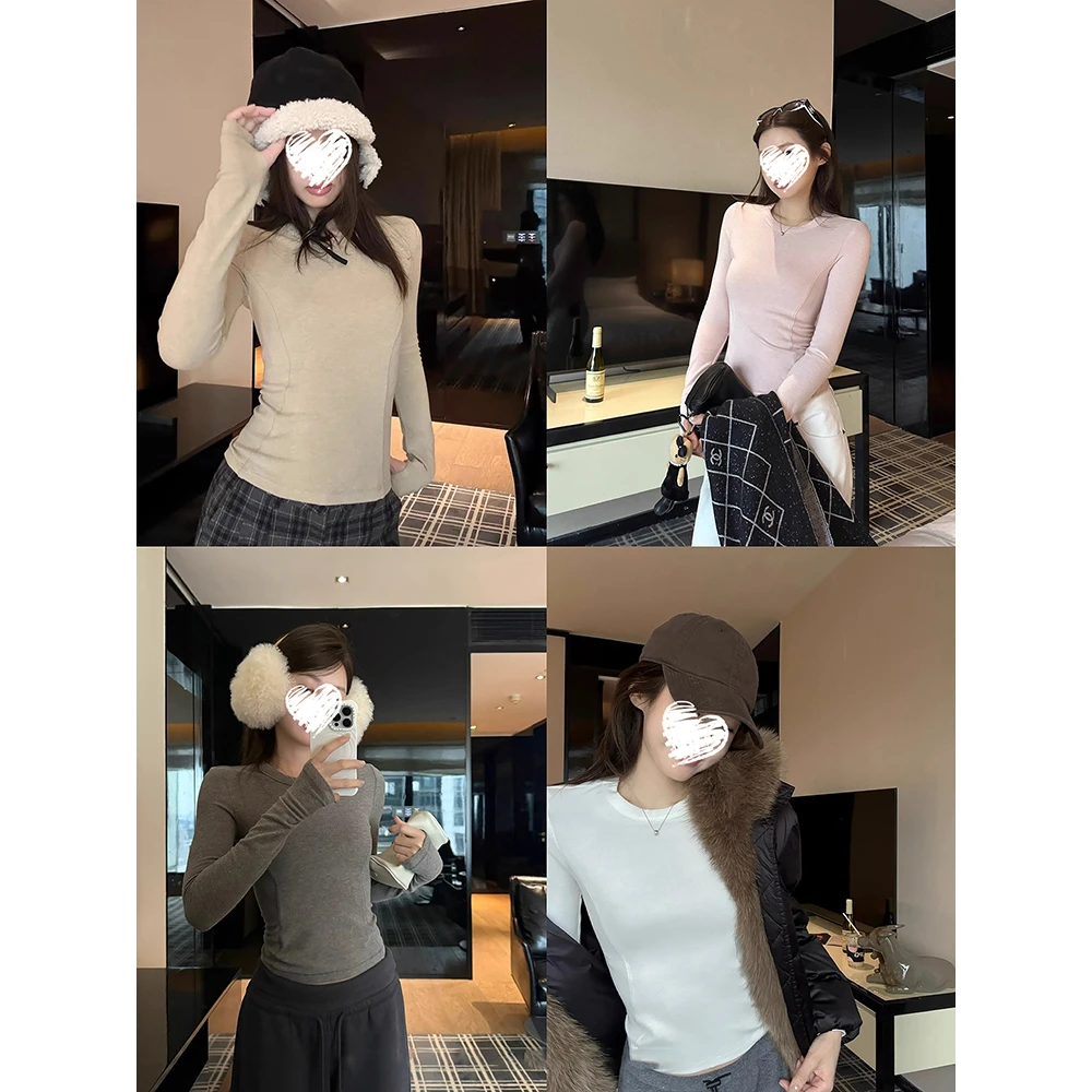 圆领收腰正肩打底T恤女秋冬新款韩系简约修身加绒内搭上衣 61128