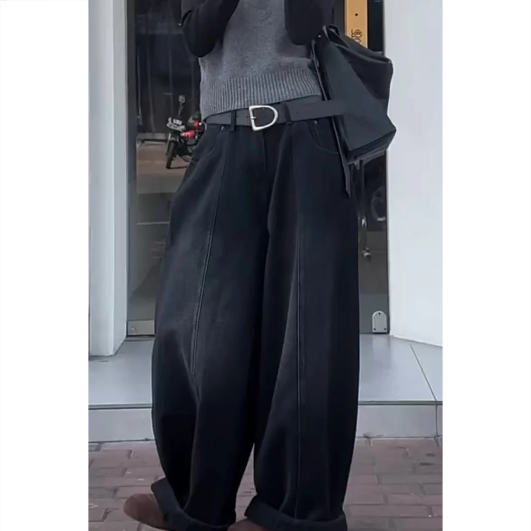 艾塔莉黑色大码阔腿裤遮肉宽松牛仔裤子梨形身材弯刀裤女百搭时尚