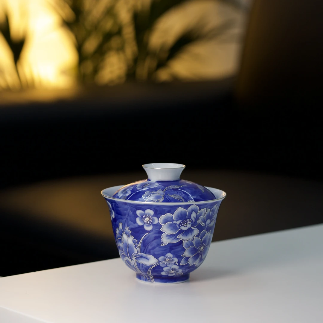 赋春寻隐 景德镇手绘青花蓝地栀子花盖碗 茶道茶具 130cc