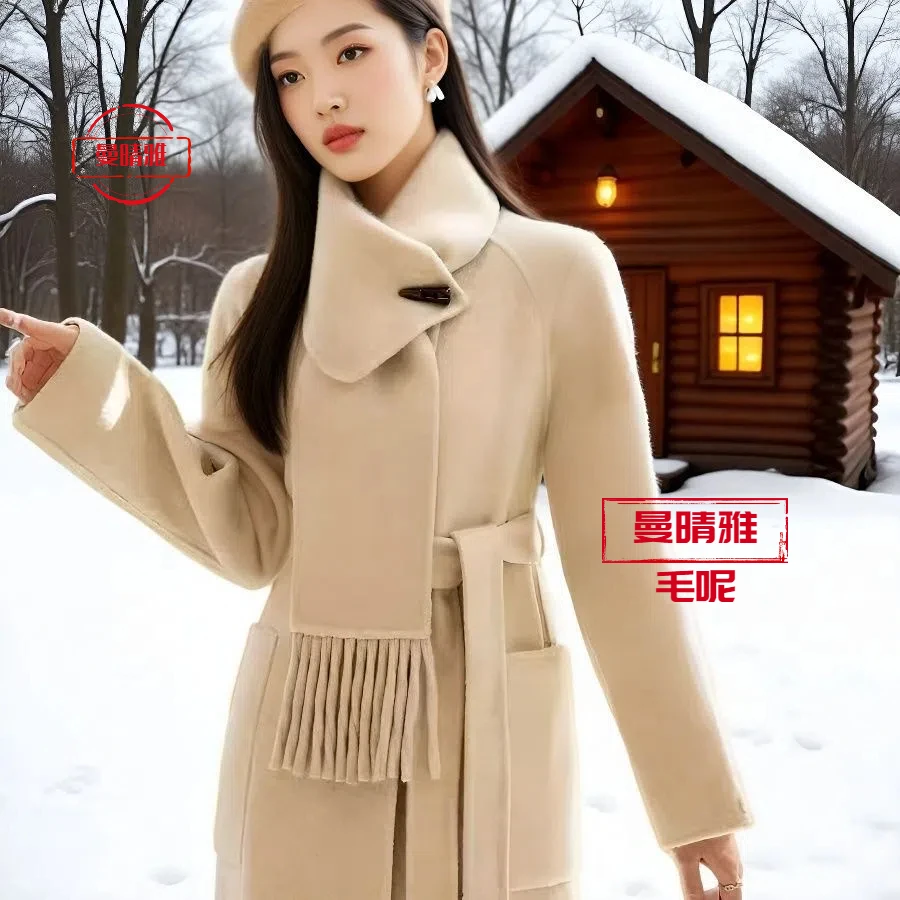 大牌新款纯羊毛大衣围巾大衣拉秋冬新款贝尔外套呢女长款