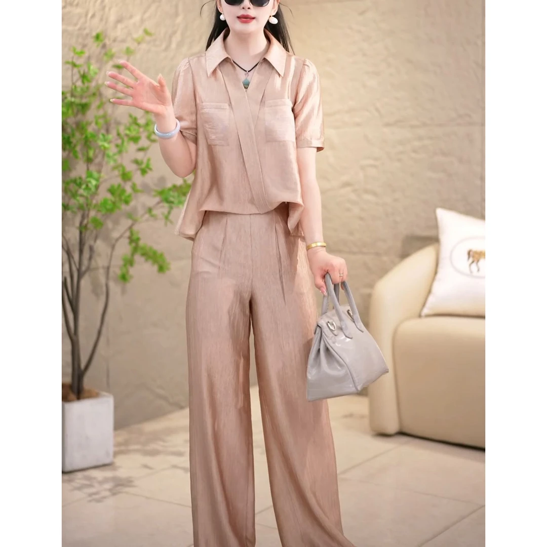 2025夏季气质洋气休闲减龄上衣高腰阔腿裤套装百搭时尚优雅两件套