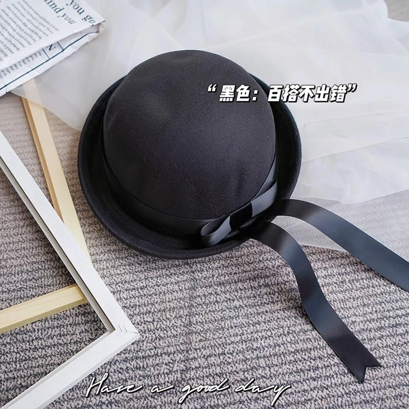 日系jk制服搭配圆顶帽学院风小众水手服帽蝴蝶结飘带可爱小礼帽女