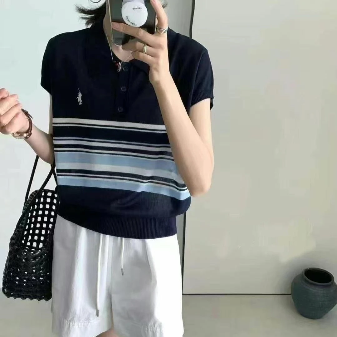 2025夏季新款时尚百搭翻领针织衫女短袖上衣女设计感刺绣减龄小衫
