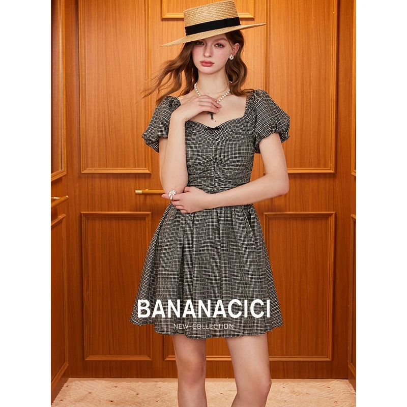 BANANA CICI2025年夏季新款复古格纹泡泡袖醋酸收腰A字连衣裙