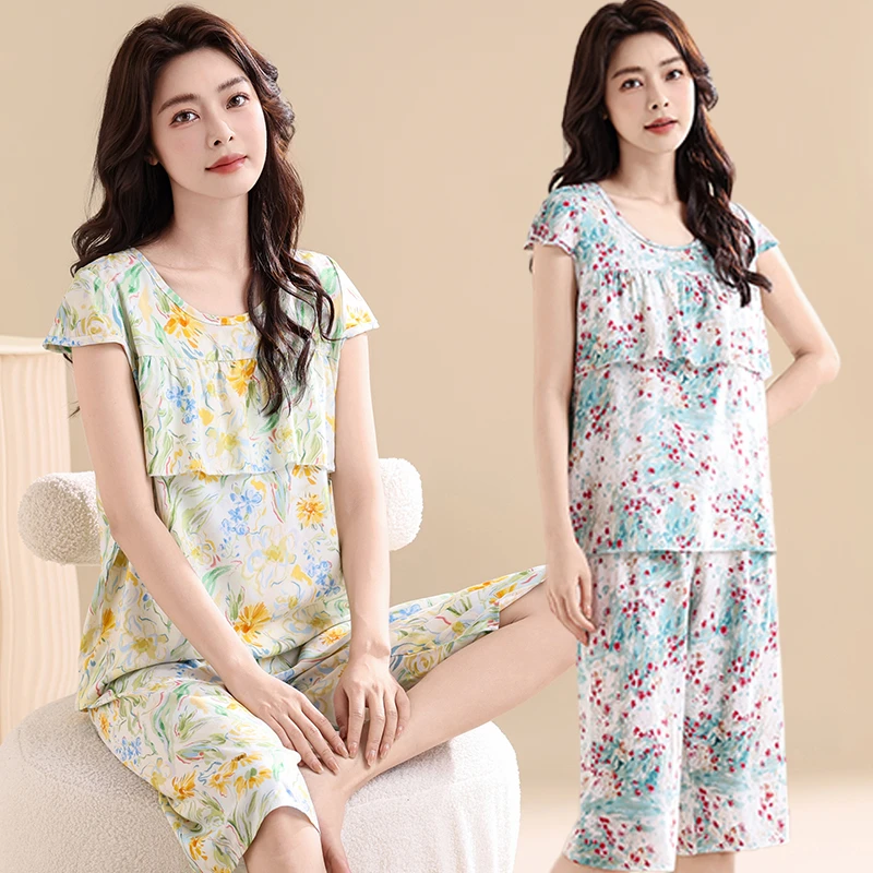 遮胸防凸点棉绸睡衣女套装夏天薄款人造棉大码家居服年轻外穿裤装