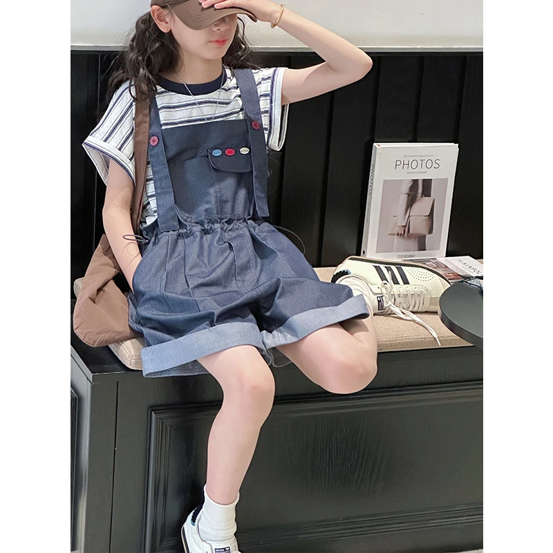 K29105韩系女童背带裤套装2025新款夏装儿童休闲短袖两件套时髦潮