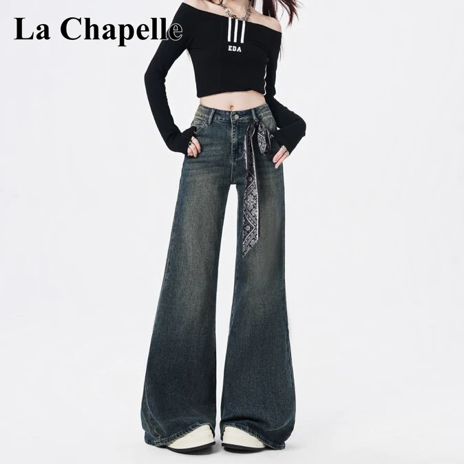拉夏贝尔美式复古辣妹风高腰牛仔裤女秋冬款阔腿显瘦微喇叭长裤子