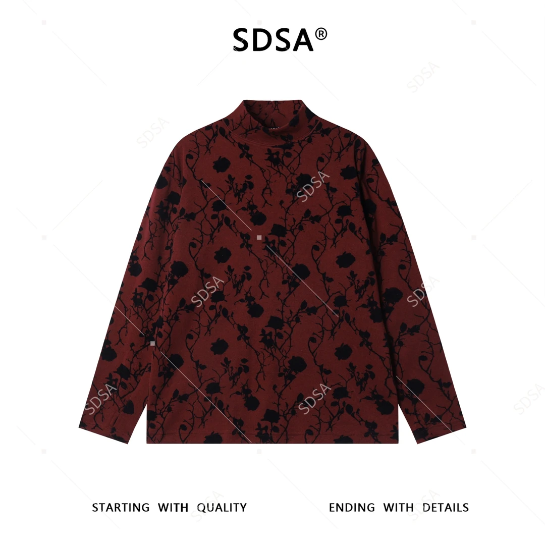 SDSA男士秋冬新款痞帅男装潮流撞色玫瑰花印花立领长袖T恤百搭