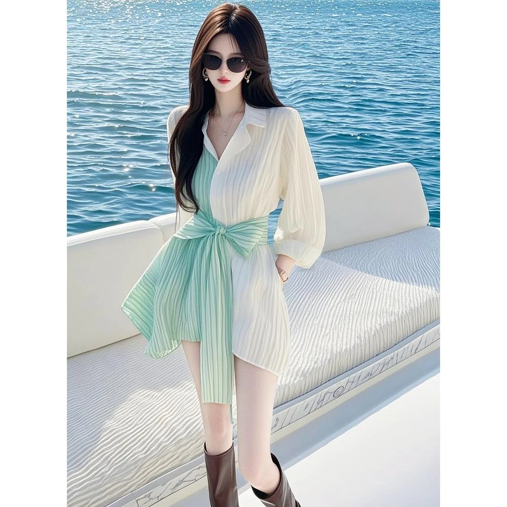 2025春新款法式高级感千金风裙子小个子小香风绿白条纹衬衫连衣裙