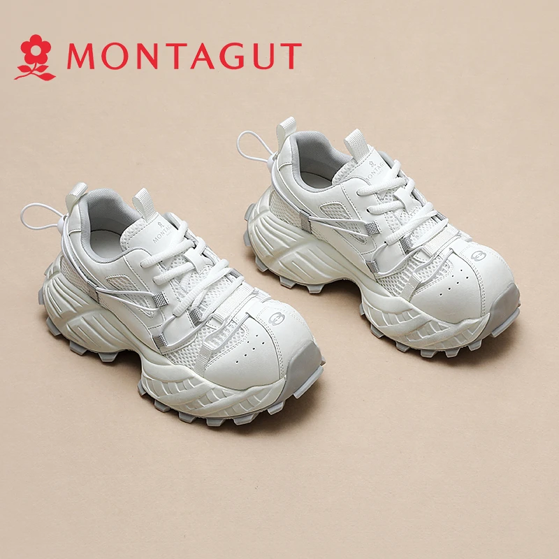 Montagut/梦特娇休闲大头超轻厚底老爹鞋女增高休闲绑带运动鞋