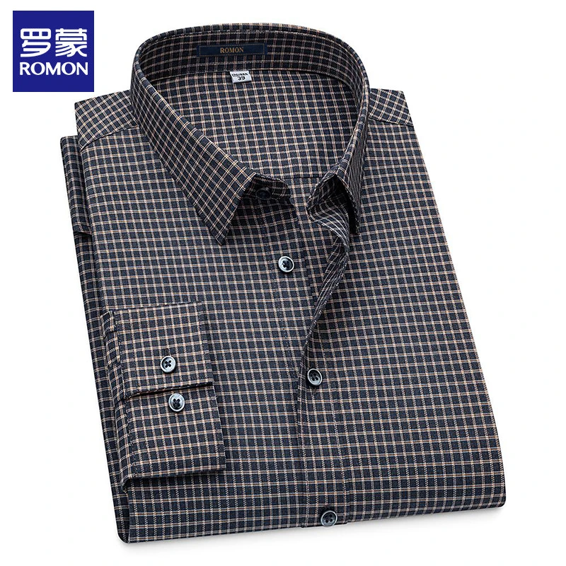 罗蒙新款免烫抗皱男士衬衫长袖春秋竹纤维休闲衬衣中年格子职业装