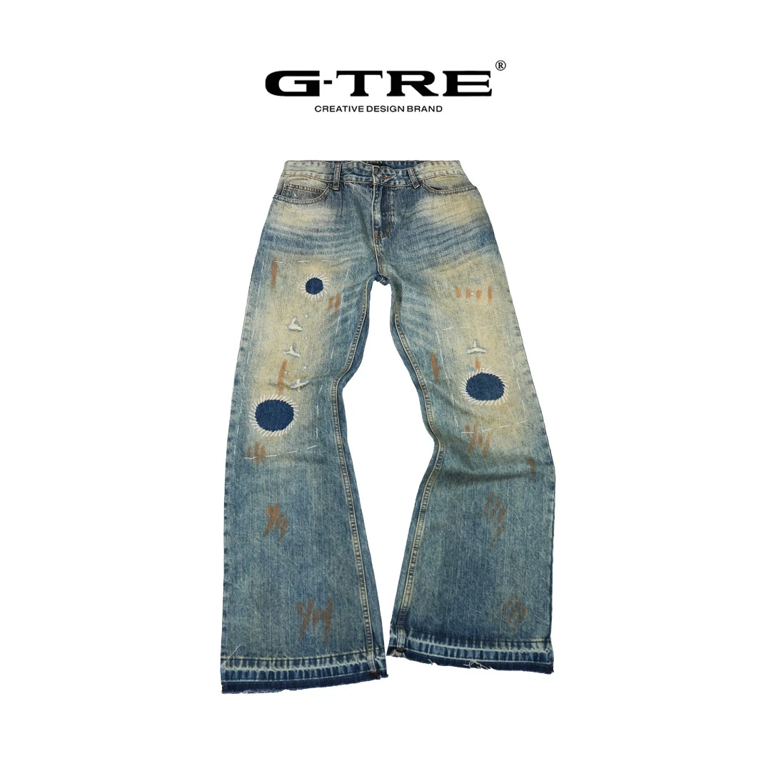 G-TRE 25AW ERD风格重工水洗做旧手工补丁黄泥微喇牛仔裤