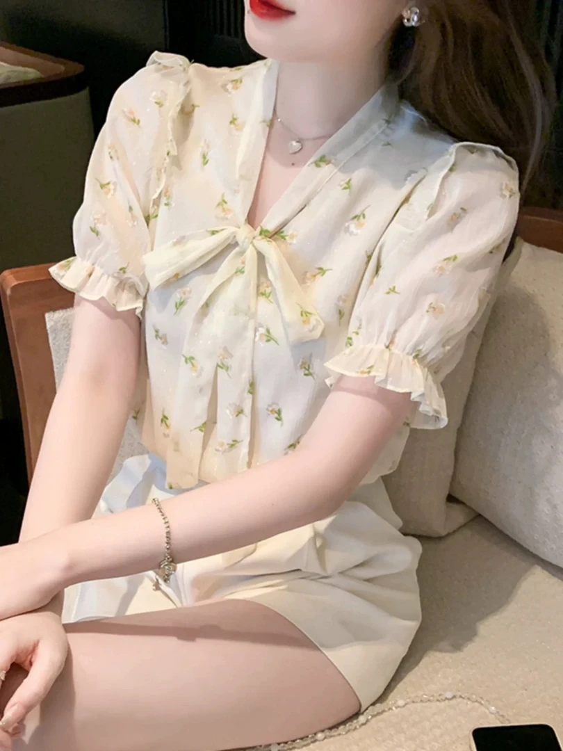 夏季荷叶边蝴蝶结雪纺衬衫女夏装2025新款小清新碎花上衣短袖衬衣