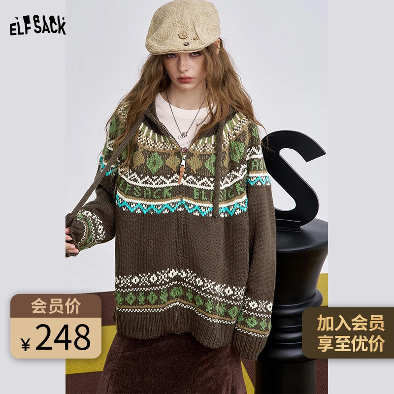 妖精的口袋紫色费尔岛连帽毛衣2025冬慵懒风绵羊毛开衫25702006