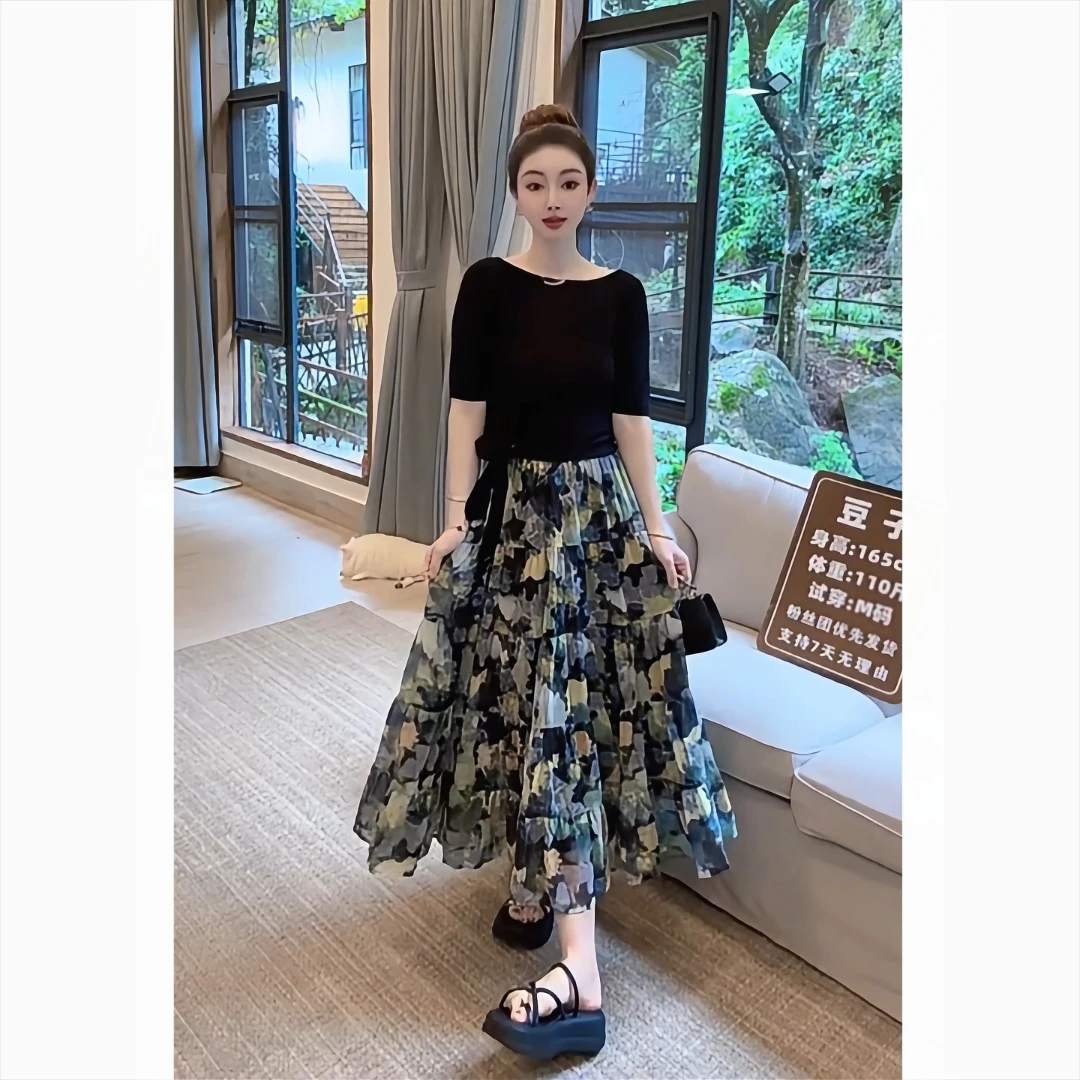 【贵气名媛风】夏上新气质名媛款系带短袖搭配印花半身裙两件套