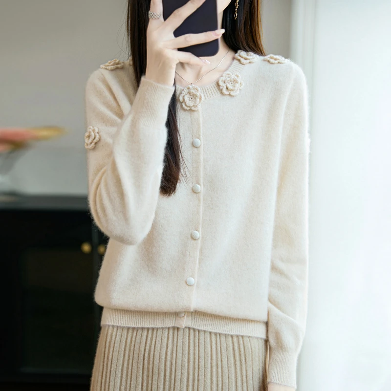 气质千金~新款圆领九多玫瑰花开衫100纯羊毛衫女时尚百搭针织衫