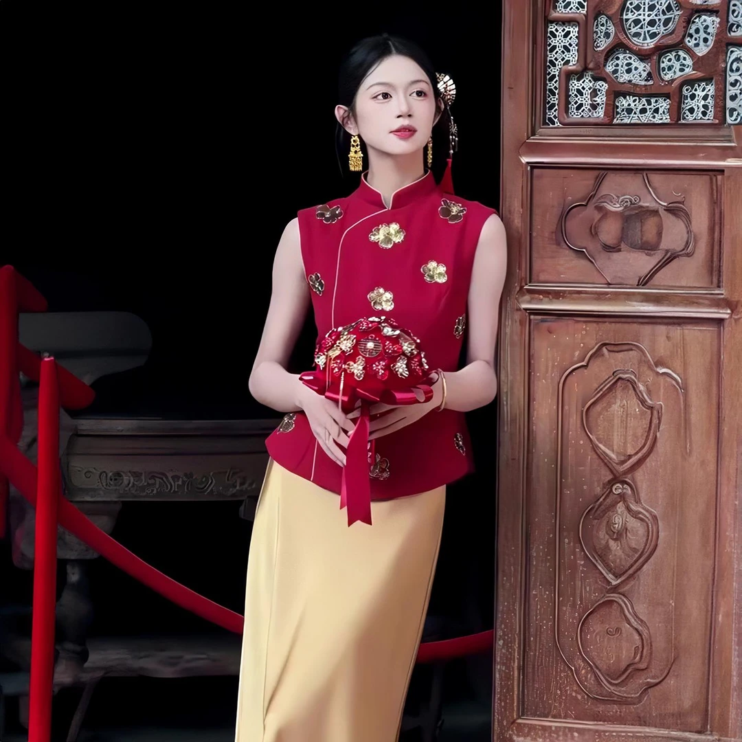 VOCKOO官方【金玉红颜】新中式珠片绣花马甲+鱼尾裙2025夏季新款