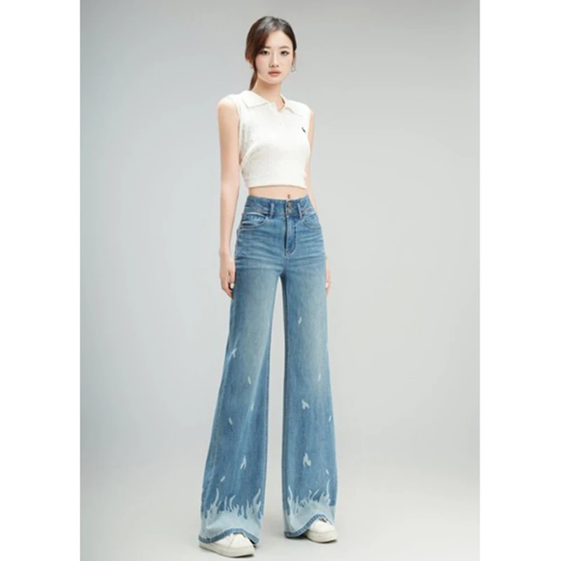 工厂原创烧花工艺薄款高腰筒叭牛仔女裤休闲时尚设计个性显瘦875