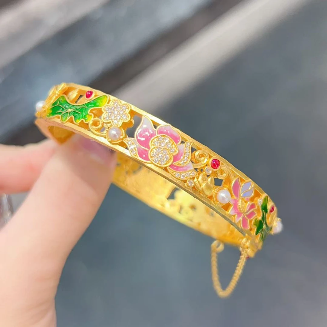 【新美源】足金999 镶嵌工艺 莲花花卉手镯