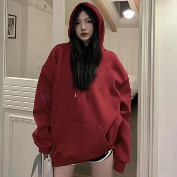 连帽灰色加绒套头卫衣女外穿秋冬百搭宽松显瘦短款休闲上衣外套