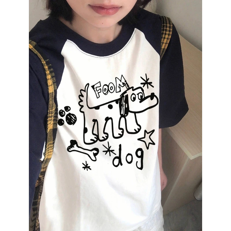 美式复古可爱小狗拼色插肩大码短袖T恤女纯棉夏季2025新款打底衫