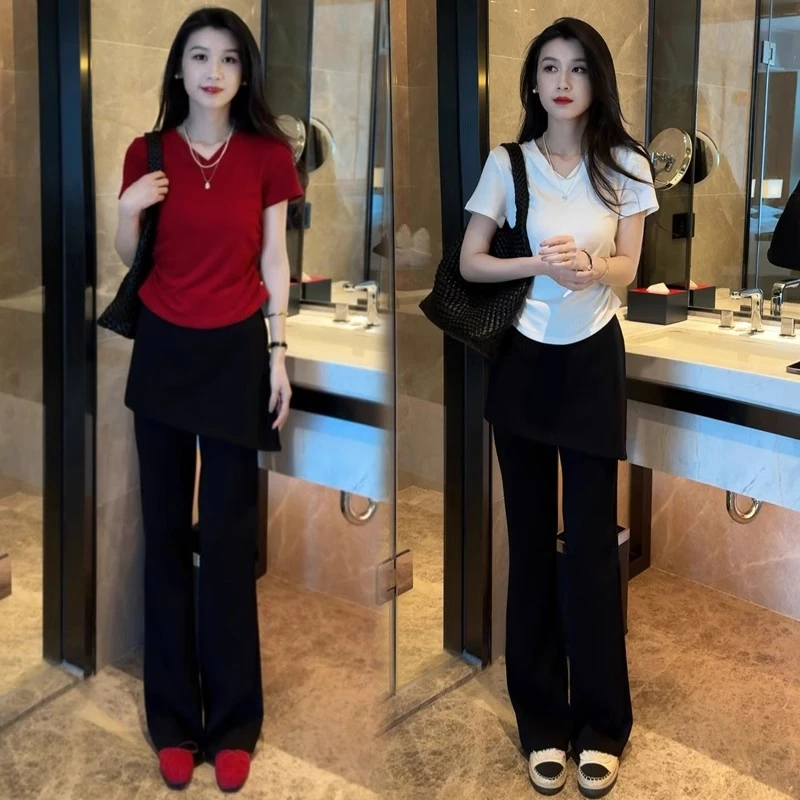 时尚套装女2025夏季新款时髦洋气V领短袖T恤假两件微喇叭裤两件套