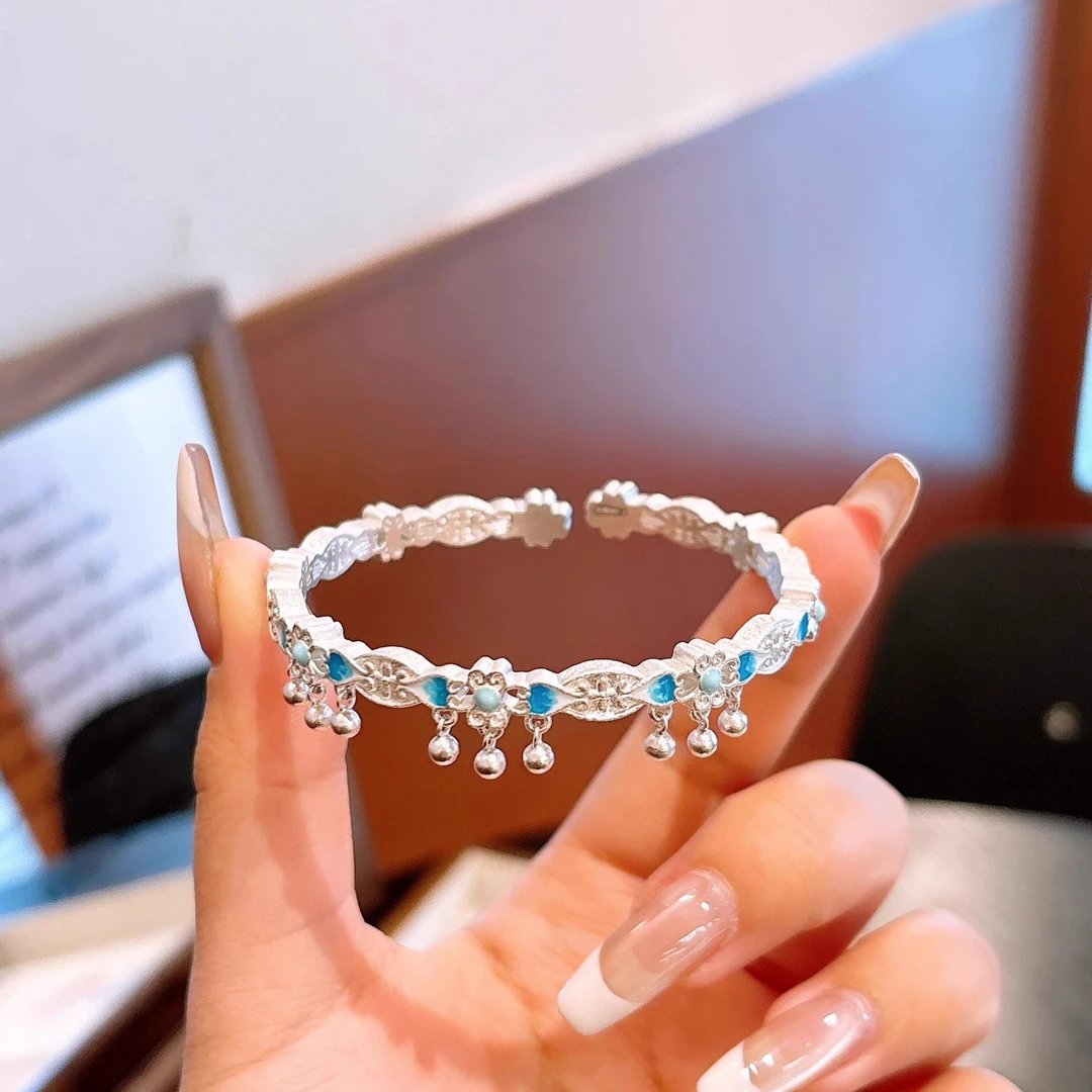足银手镯 足银999蓝盈花铃铛手镯新中式国风珐琅彩开口纯银送女友