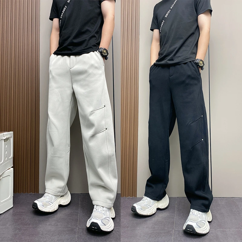 冬季加绒潮牌灰色直筒运动裤美式束脚男宽松休闲裤时尚百搭弯刀裤