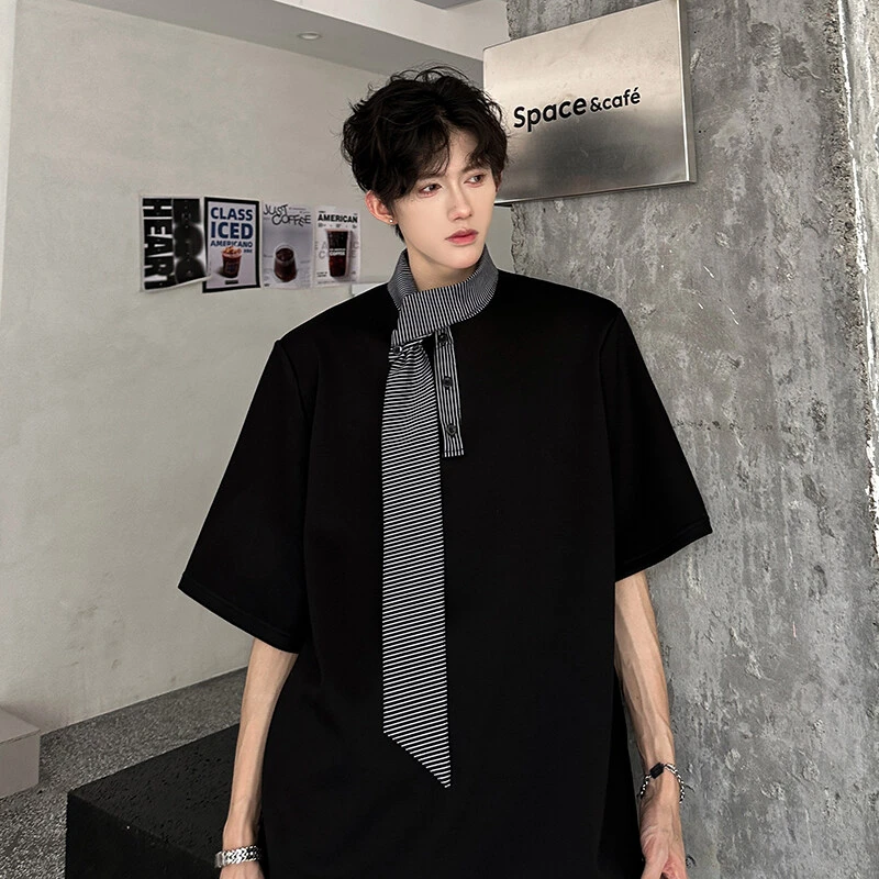 复古拼接领带航海系短袖男设计感小众夏季正肩t恤高级感半袖体恤