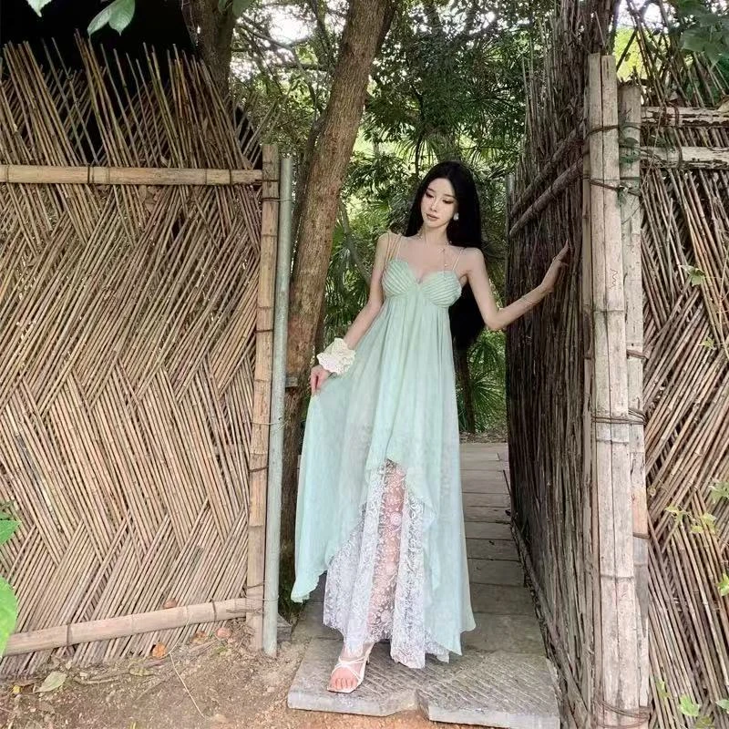 法式小众绝美贝壳v领吊带连衣裙女夏季度假拼接蕾丝性感露背长裙