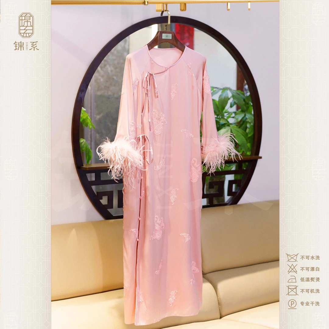 【锦系~新款】真丝弹力双乔拼鸵鸟毛新中式桑蚕丝连衣裙-L-382516